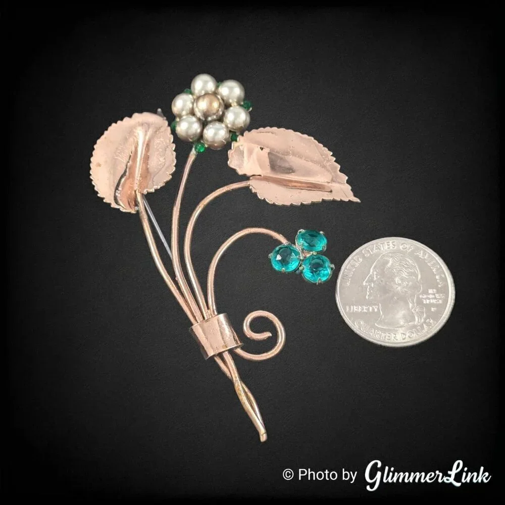 Vintage Rose Gold Tone Floral Spray Brooch Faux Pearl Green Rhinestone 1940s 50s